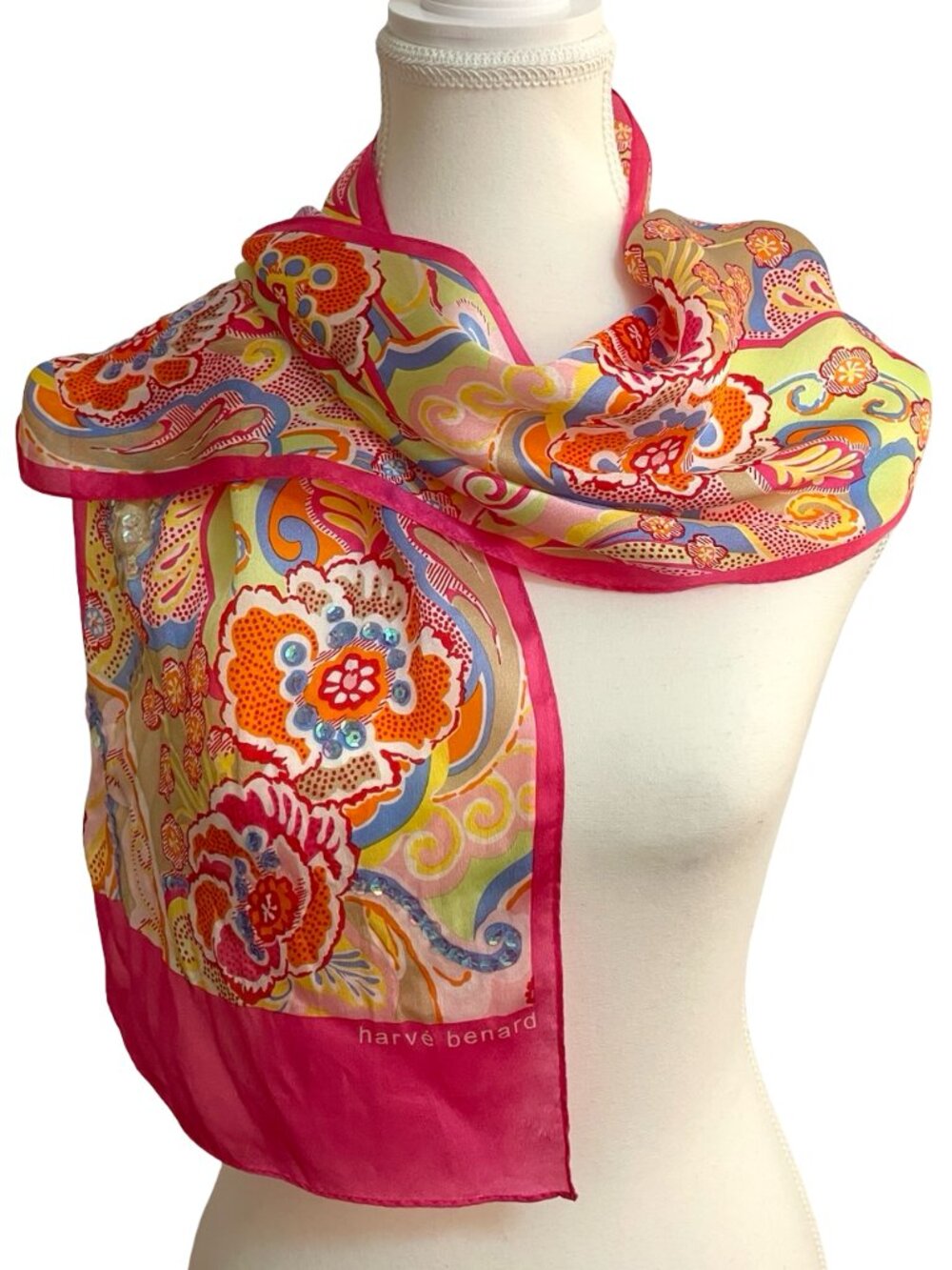 Hervé Bernard Floral Sequin Accent Scarf Wrap Pink Multicolor